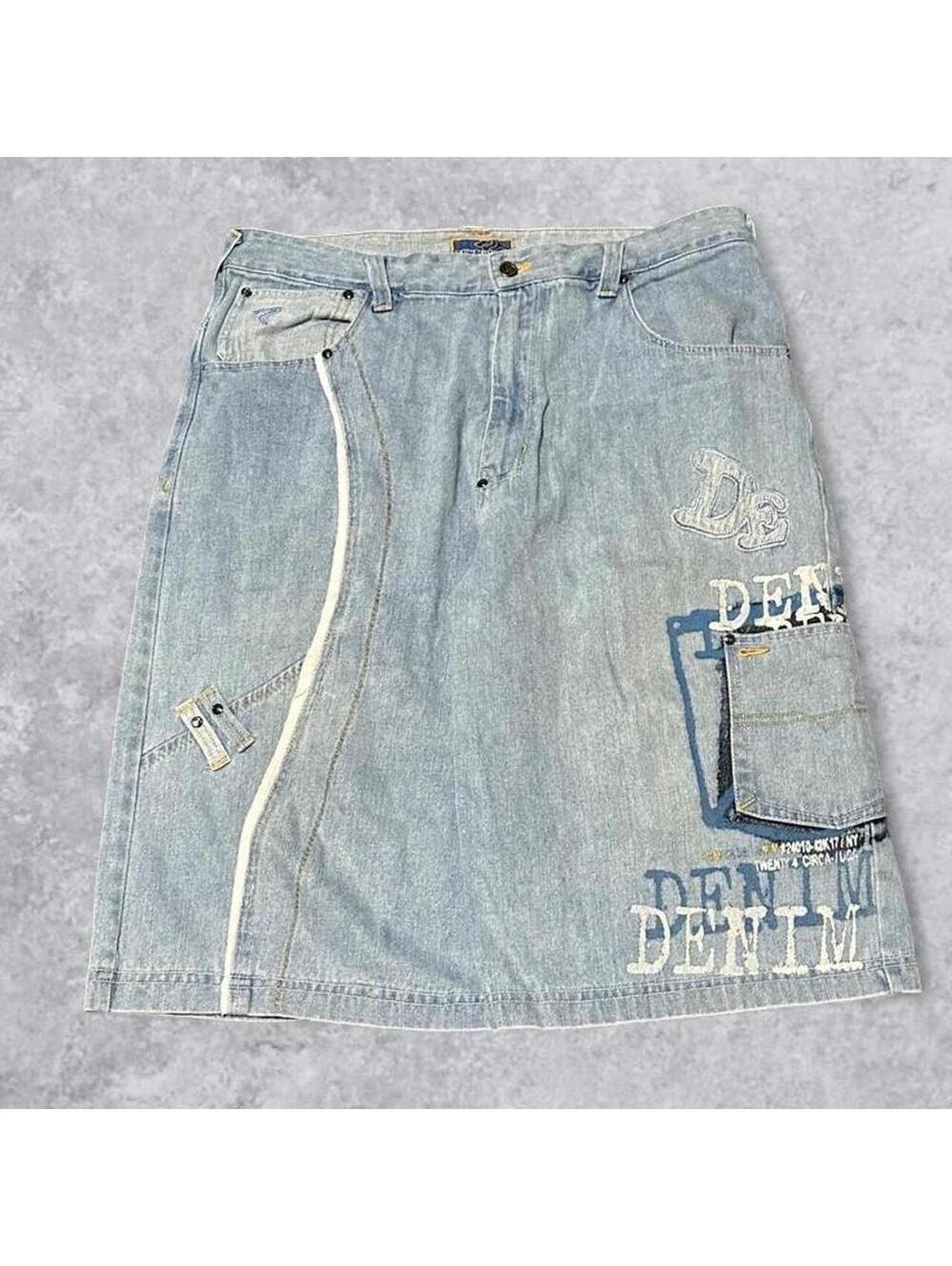 Vintage Y2K Hip Hop Raw Blue Embroidered Baggy Jorts - Fits 36x14.5